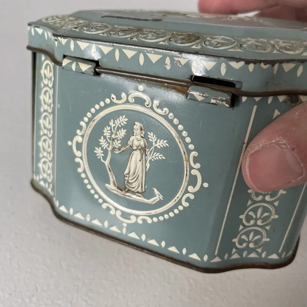 Vintage Container Tin Made in England Robin Egg Blue Greek Scenes 5